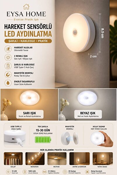 Layrol Hareket Sensörlü Usb Şarjlı Led Işık Lamba 2 Renk Beyaz ve Gün Işığı