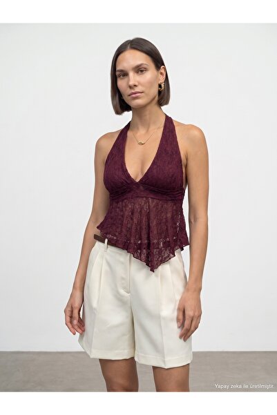 Dilvin 21228 Dantel Halter Yaka Top-Bordo