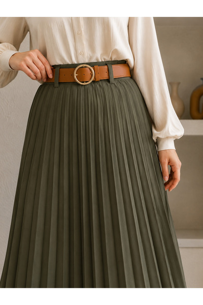 VıoShıne Women's Side Zippered Belted Pleated Imported Crepe Long Skirt