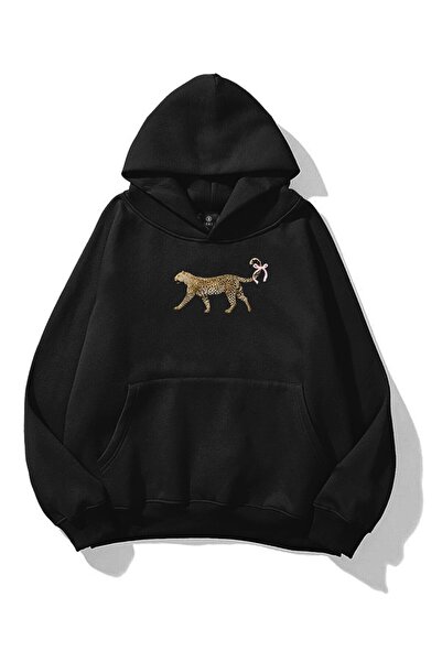 LUMSHİNE Women's Leopard Tail Ribbon Sweatshirt Black