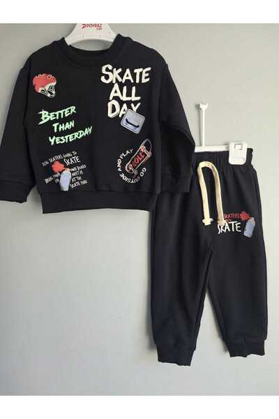 POYRAZ Erkek Çocuk Skate Baskılı 2’li Eşofman Takımı – Siyah Sweatshirt & Jog...