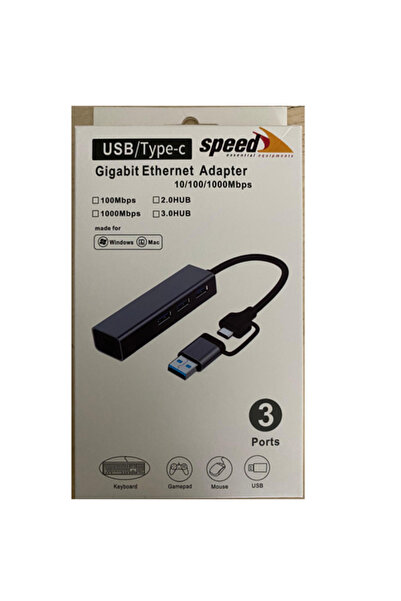SPEED SP-UET01 3 Port USB Type-C to Ethernet Gigabit Ethernet Rj45 Çevirici