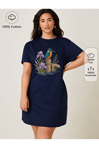 classy moda Tricou tunică supradimensionat, extra lung, cu imprimeu cu pasăre...