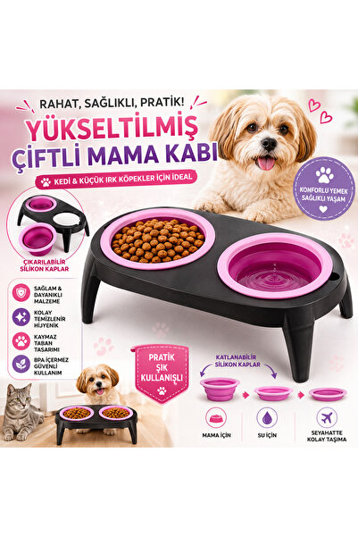 Yükseltilmiş Çiftli Katlanabilir Silikon Mama ve Su Kabı - Kedi ve Küçük Irk Köpek