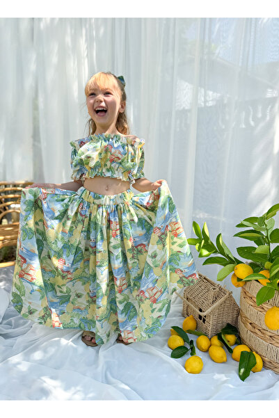 Pinkitokids Sare Girl's Lemon Printed Crop Top and Skirt Set (with a Gift Bow)
