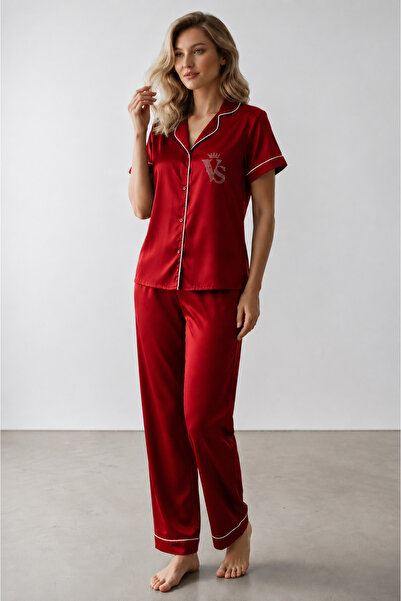 VİP SECRET Short-Sleeved Satin Pajama Set - Stone Printed