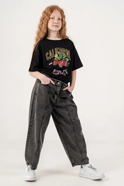 GİYİCEM TEKSTİL Girl's City Style Stitched Baggy Jeans 2227