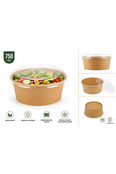 750 CC Kraft Salata Kasesi Şeffaf Kapaklı 100'lü Paket