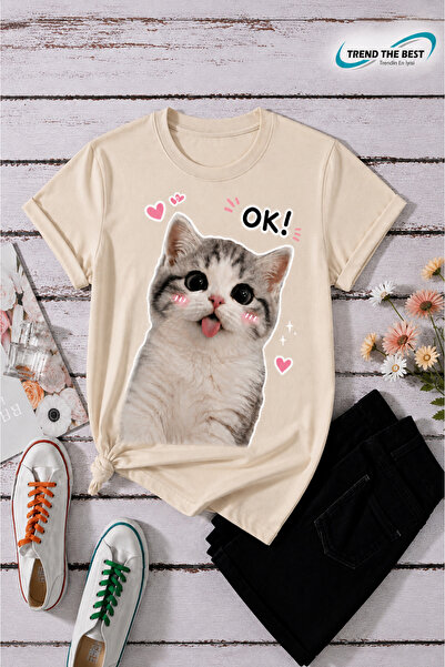 TREND THE BEST Trendin En İyisi Summer Ok! Written Cat and Small Hearts Print...