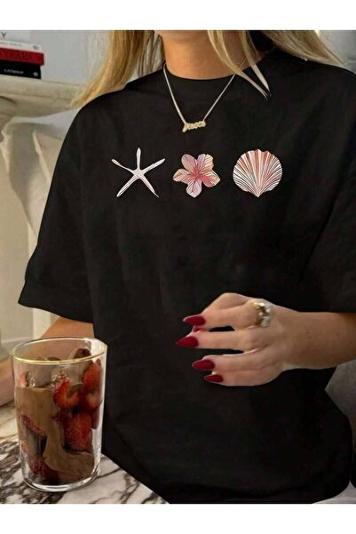 k222 Women Casual Starfish & Print Round Neck Short Sleeve-Shirt