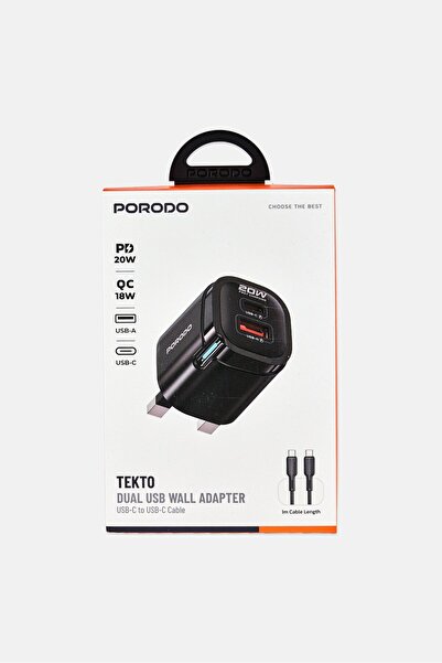 porodo Tekto Dual USB Wall Adapter, Black