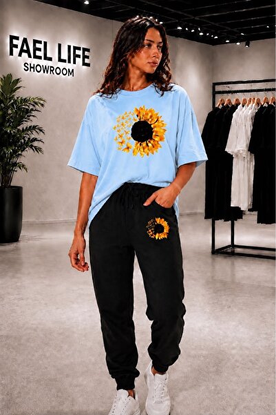FAEL LİFE Unisex Wide Cut T-Shirt and Sweatpants Moonflower Printed Set