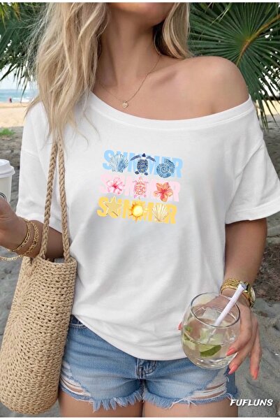 FUFLUNS Colorful Summer Printed Oversized Women's Boat Neck T-Shirt