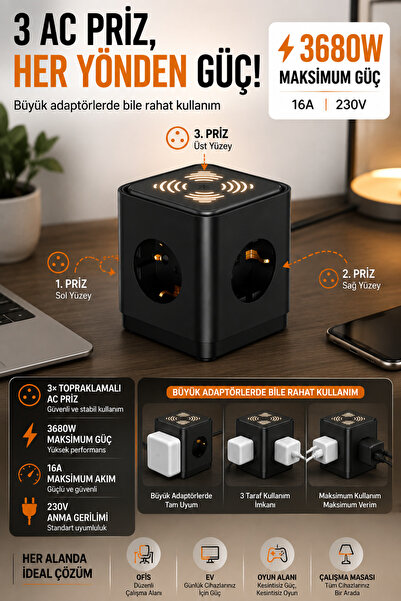 Merwish Akım Korumalı Küp Priz 3680W 16A 230V, 3 Topraklamalı AC Priz, 2 USB-A, 2 Type-C 25W Hızlı Şarj, 1 Metre Kablolu Çoklu Priz