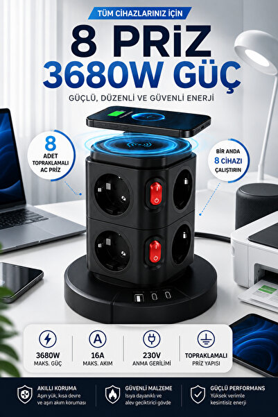 Merwish Kablosuz Şarjlı Uzatma Kule Priz 3680W 16A 230V, 8 Topraklamalı AC Priz, 10W Qi Şarj, 1 USB-A ve 2 Type-C Masaüstü Çoklu Priz