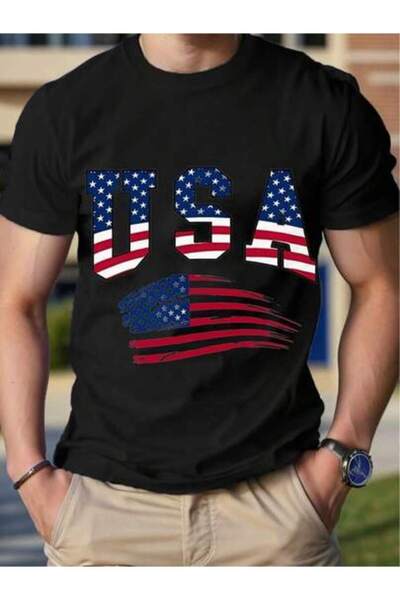 26LIK قميص رجالي بتصميم علم الولايات المتحدة الأمريكية مع عبارة 'USA' ليوم ال...