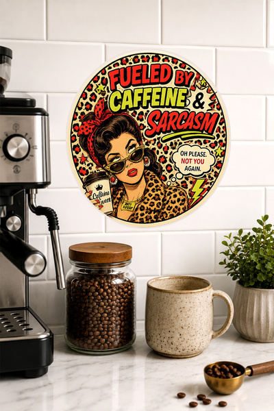 Mayeka Napajano kofeinom, sarkazam, pin-up, retro, drvena MDF slika, dekoraci...