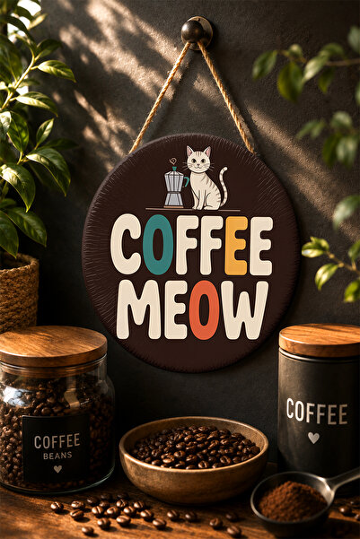 Mayeka Coffee Meow Round Mdf Table with Cute Cat and Moka Pot Illustration Co...