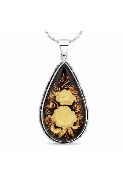 craftmystic Колие от сребро 925 с естествен зелен кехлибар сълза с рози – бал...