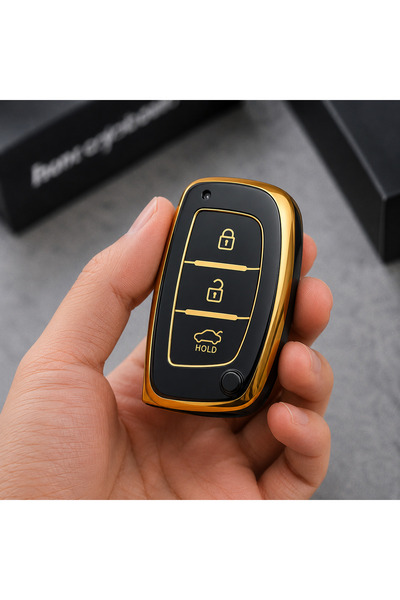 Hyundai Tucson, Elantra Smart Uyumlu 3 Butonlu Anahtar Kumanda Kılıfı Silikon Nano Gold– Siyah