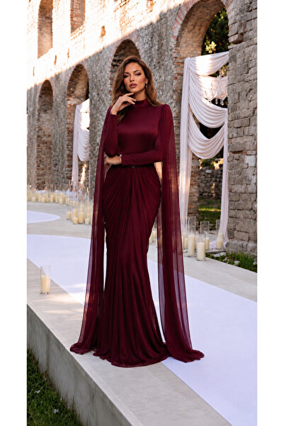 Hennin Stone Embellished Cape Detailed Special Evening Dress