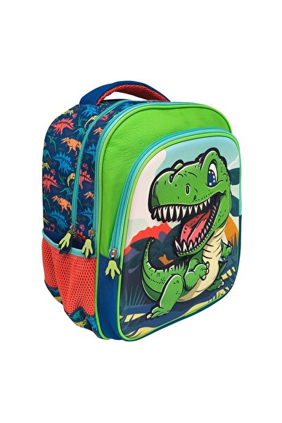 Zâna Casei Rucsac de grădiniță albastru-verde cu model 3D cu dinozauri