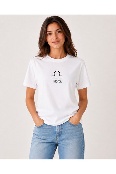 İDEAL REKLAM Libra Zodiac Sign T-Shirt Libra Symbol Printed White Short Sleeve T-Shirt