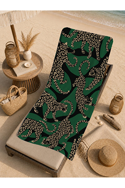 Evmila Prosop de plajă cu model leopard verde închis, 70x150, cu imprimeu dig...