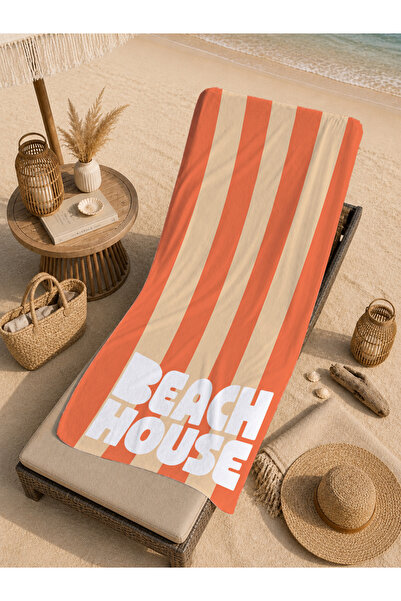 Evmila Prosop de plajă Retro Beach House cu model în dungi portocalii, 70x150...