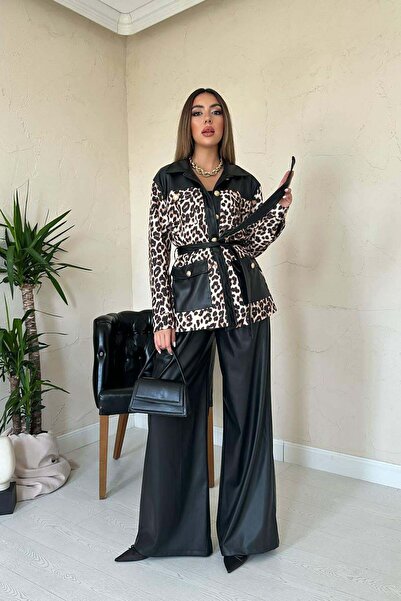 Clothes Fast Women's Black Top and Bottom Set with Leopard Pattern Leather Tr...