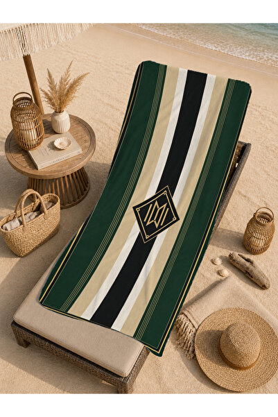 Evmila Prosop de plajă retro verde, negru, crem, cu model geometric în dungi,...
