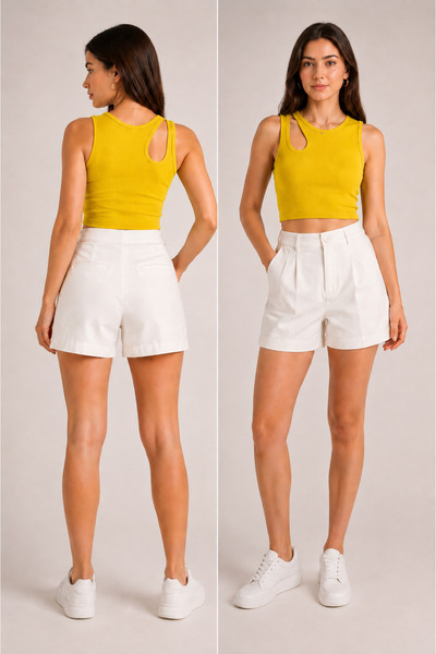 Sarı Kaşkorse Crop Asimetrik Yaka