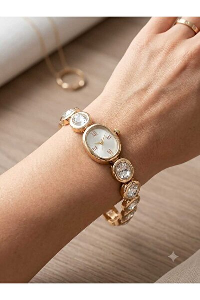 MODA Gold Vintage Kristal Büyük Taşlı Oval Kadran Retro Model Kadın Kol Saati