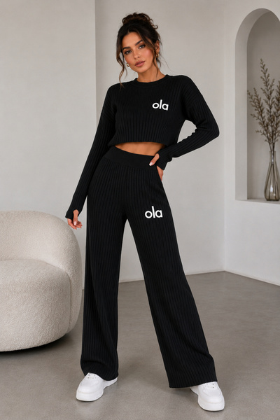 H&E LUXURY DESIGN Women's Ribbed Knitwear Set, Finger-Loop Crop Blouse, High ...