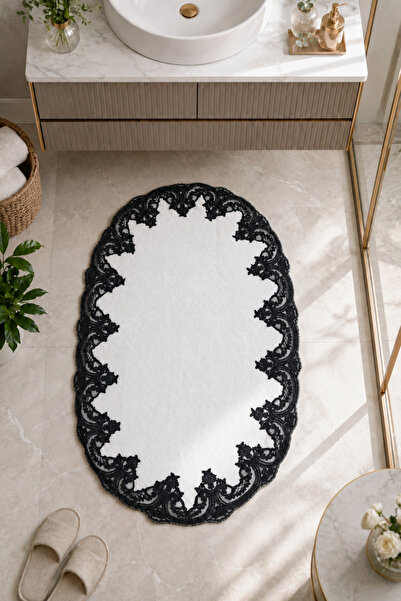 Teksev White Embroidered Non-Slip Leather Based Oval Bath Mat Lace-Up Washabl...