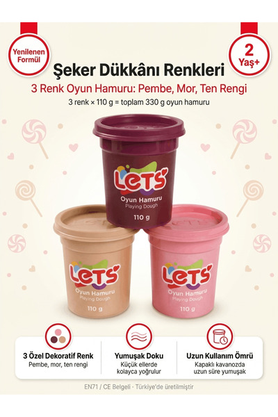 Lets Oyun Hamuru Seti 3'lü – Şeker Dükkânı Renkleri Let's