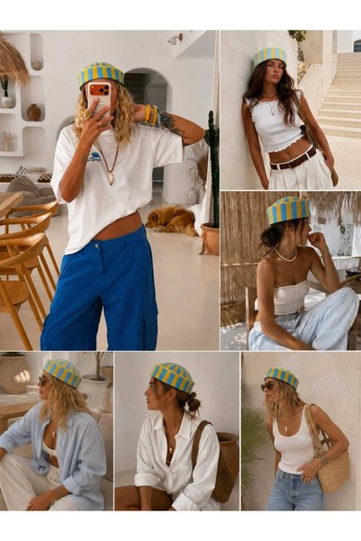 Handmade Betty Bands Women's Blue Yellow Striped Sailor Hat Summer Trend Hat