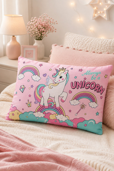 Generic Brand Pernă Decorativă Roz cu Unicorn pentru Copii, Model Curcubeu și...
