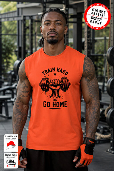 BESSA Orange Train Hard Printed Crew Neck Sports Athlete T-Shirt Cotton Singl...