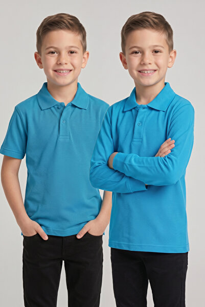 nacar çarşı Children's Turquoise 2-Piece Polo Collar Short Sleeve and Long Sl...