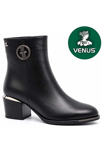 Venüs Saranda Genuine Leather Orthopedic Heeled Women's Boots Black