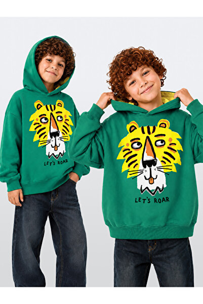 Denokids Boy's Hooded Sweatshirt with Tiger Print Oversize (3-8 Years)