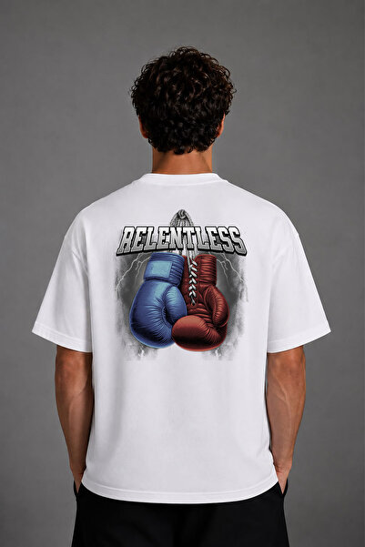 VSRN Relentless Boxing Design Back Printed White Oversize t Shirt