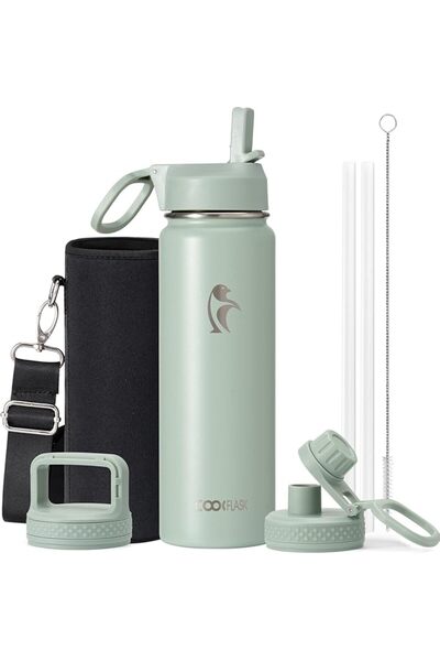 Coolflask زجاجة ماء معزولة سعة 1.9 لتر من الفولاذ المقاوم للصدأ مع قش و3 أغطي...