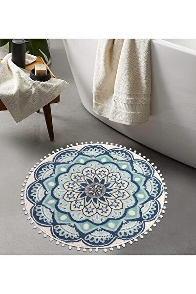 UpHome Small Round Rug 2.3’ Grey Mandala Boho Bathroom Rugs with Pom Poms Fri...