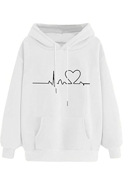 GENERAL Women Oversized Hoodies Heart Print Casual Sweatshirts Solid Colour H...