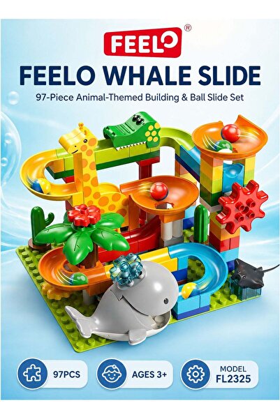 Feelo FL2325 Whale Slide 97-Piece Ocean Animal Building Blocks and Ball Track...