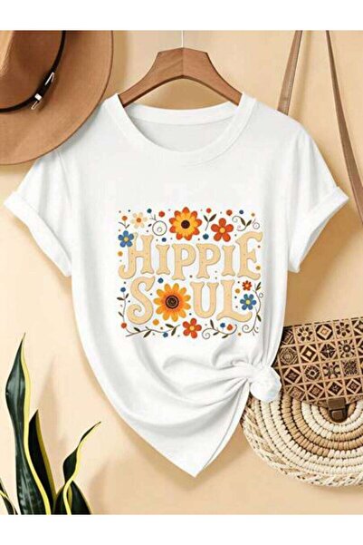 23ERVA Hippie Soul, Women's Floral Text Design, Pure Cotton T-Shirt, Summer S...
