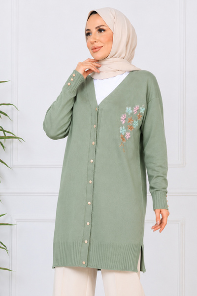 benguen Embroidery Detailed Beaded Mercerized Cardigan N3280 Çağla