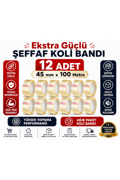 Ekstra Güçlü Şeffaf Koli Bandı 45 mm x 100 Metre Hotmelt – 12 Adet